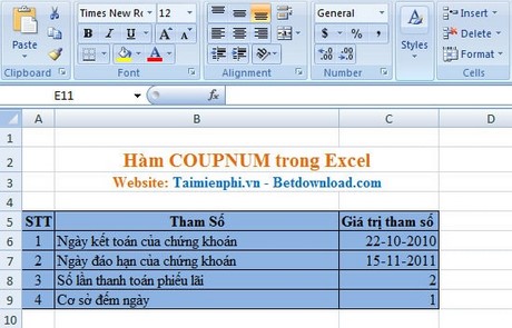 Excel - Hàm COUPNUM trong Excel, Ví dụ và cách dùng