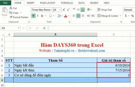 Excel - Hàm DAYS360, Hàm tìm số ngày giữa hai ngày dựa trên một năm 360 ngày