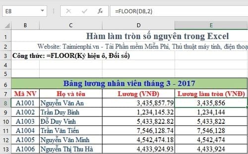 Hàm làm tròn số nguyên trong Excel