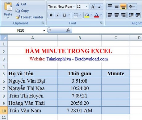 ham minute trong excel