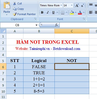 ham not trong Excel