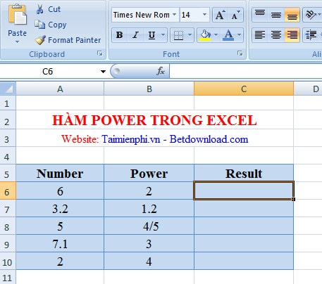 Hàm POWER tính lũy thừa trong Excel