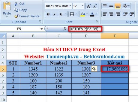 Excel - Hàm STDEVP, Hàm tính độ lệch chuẩn, Ví dụ và cách dùng