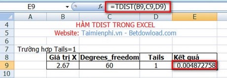 Excel - Hàm TDIST, Hàm trả về xác suất của phân phối Student