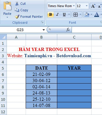 ham YEAR trong Excel