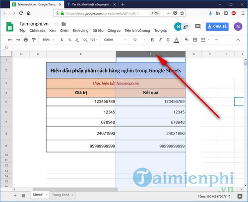 Hiển thị dấu phẩy phân cách hàng nghìn trong Google Sheets