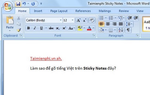 go tieng viet trong sticky notes