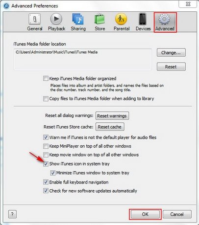 iTunes - Cách đặt icon trên khay hệ thống