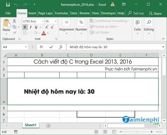 Cách viết độ C trong Excel