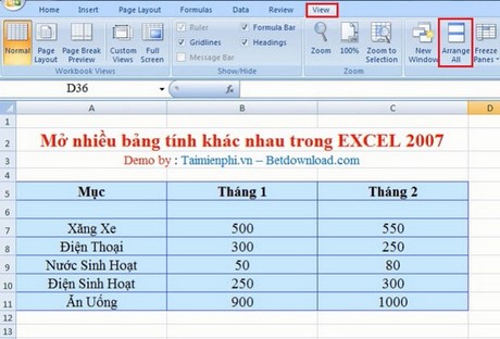 Mở nhiều bảng tính khác nhau trong EXCEL 2007 và 2010