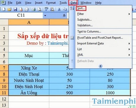 Sắp xếp dữ liệu trên bảng tính Excel