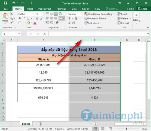 sap xep du lieu trong excel 2013 2
