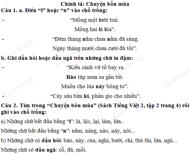 Soạn Tiếng Việt lớp 2 - Chuyện bốn mùa, tập đọc và chính tả