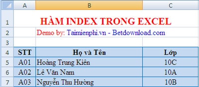 Hàm Index, hàm trả về mảng trong Excel