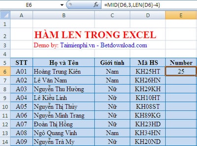 ham LEN Excel