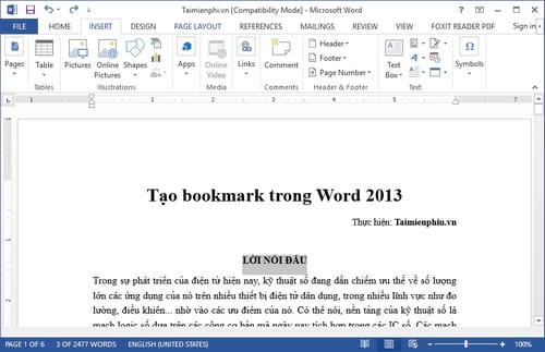 Tạo bookmark trong Word 2013, đi tới vị trí bất kỳ trên trang word nhanh hơn