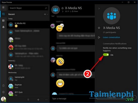 Tắt thông báo chat, ẩn thông báo nhóm chat trên Skype Preview