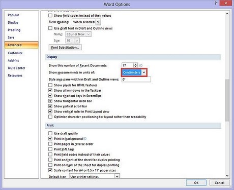 Cách đổi đơn vị đo mặc định trong Word 2013, 2010, 2007
