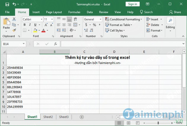 Thêm ký tự vào dãy số trong Excel