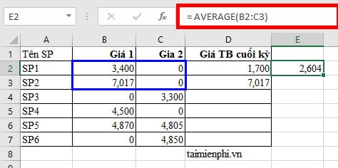 Tính giá trị trung bình cho 2 cột trong Excel