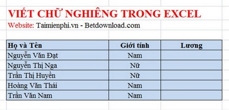 viet chu nghieng 45 do tren excel 