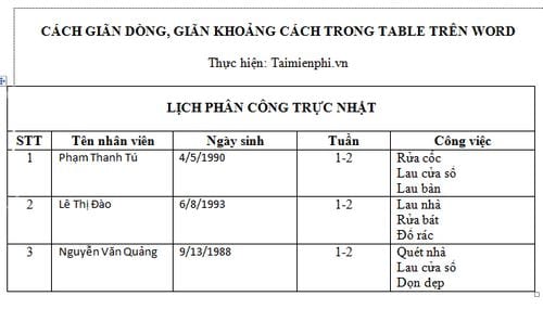 Cách giãn dòng, giãn khoảng cách trong table trên word