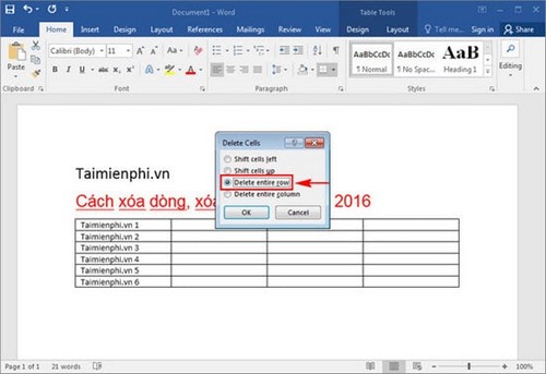 Cách xóa dòng, xóa cột trong word 2016