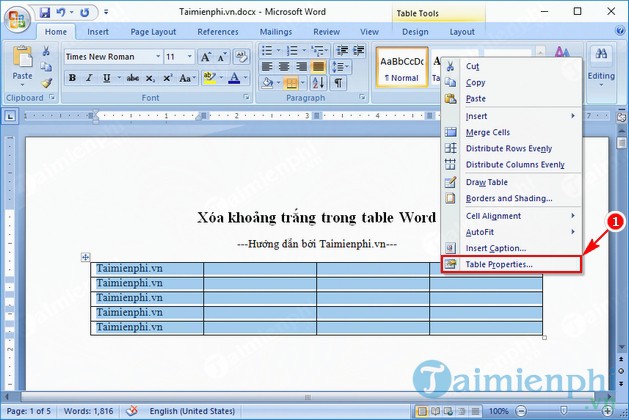 xoa khoang trang trong table word 2