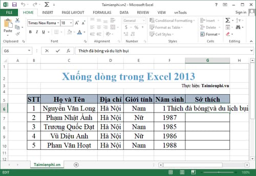 Xuống dòng trong Excel 2013