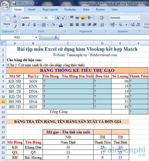 ham vlookup ket hop ham match